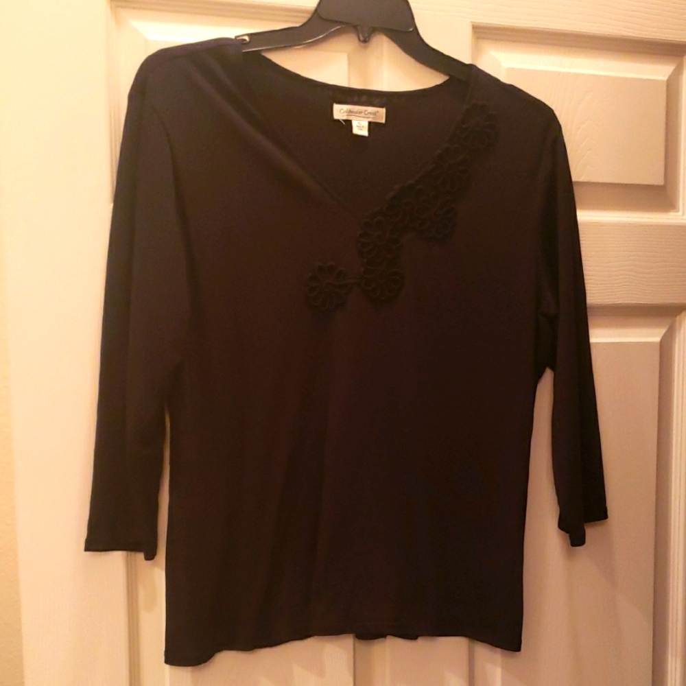 Black V-Neck Top with Floral Detail